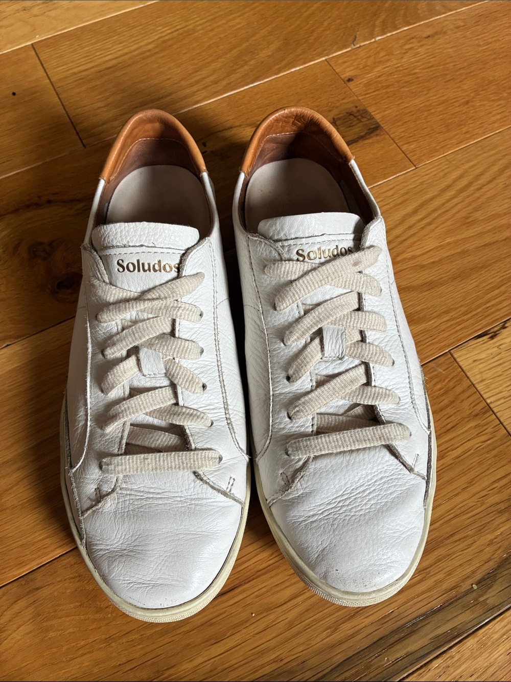 Soludos White Leather Sneakers with Tan Heel
